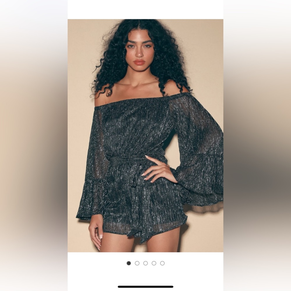 Lulus Black and Silver Metallic Off-the-Shoulder Romper holiday